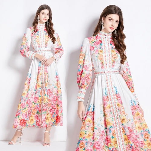 Women Elegant Floral Print Chiffon Maxi Dress Court Style Stand Collar Single Breasted Long Puff Sleeve Dress With Belt For Party Wedding Daily Fashion