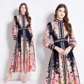 Vintage Palace Style Stand Collar Floral Print Maxi Dress Long Sleeve Single-Breasted A-Line Dress For Women With Waist Belt Elegant Bohemian Long Dress