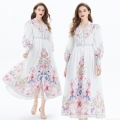 Women's Elegant Floral Print V-Neck Maxi Dress Long Lantern Sleeve Waist-Slimming A-Line Flowy Long Dress For Beach Vacation Holiday Party