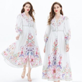 Women's Elegant Floral Print V-Neck Maxi Dress Long Lantern Sleeve Waist-Slimming A-Line Flowy Long Dress For Beach Vacation Holiday Party