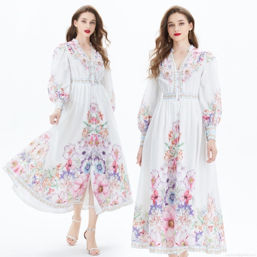 Women's Elegant Floral Print V-Neck Maxi Dress Long Lantern Sleeve Waist-Slimming A-Line Flowy Long Dress For Beach Vacation Holiday Party