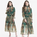 Vintage Paisley Print Maxi Dress Long Lantern Sleeves With Belt Bohemian Chiffon Ruffle Dress For Women Vacation Daily Party Stand Collar Retro Style