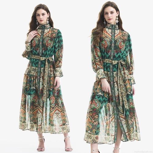 Vintage Paisley Print Maxi Dress Long Lantern Sleeves With Belt Bohemian Chiffon Ruffle Dress For Women Vacation Daily Party Stand Collar Retro Style