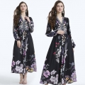 Women's Elegant V-Neck Floral Print Long Sleeve Maxi Dress Bohemian Lantern Sleeve Waisted Ruffle Big Swing Polyester Dresses For Vacation Party