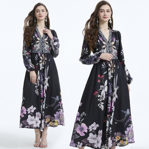 Women's Elegant V-Neck Floral Print Long Sleeve Maxi Dress Bohemian Lantern Sleeve Waisted Ruffle Big Swing Polyester Dresses For Vacation Party