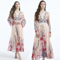 Women's V-Neck Flare Sleeve Floral Print Chiffon Maxi Dress Elegant Bohemian Ruffle Hem Waist Tie Long Dress For Beach Vacation