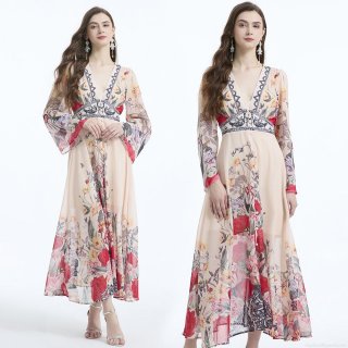 Women's V-Neck Flare Sleeve Floral Print Chiffon Maxi Dress Elegant Bohemian Ruffle Hem Waist Tie Long Dress For Beach Vacation