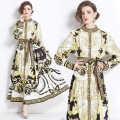Women's Baroque Print Maxi Dress Stand Collar Long Sleeve Button Down Belted Vintage Court Style Greek Key Pattern Polyester Long Dress For Ladies