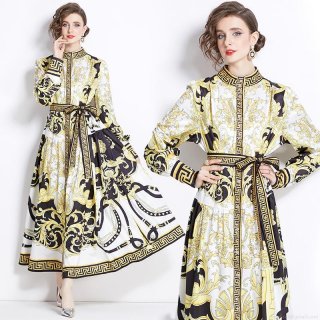 Women's Baroque Print Maxi Dress Stand Collar Long Sleeve Button Down Belted Vintage Court Style Greek Key Pattern Polyester Long Dress For Ladies