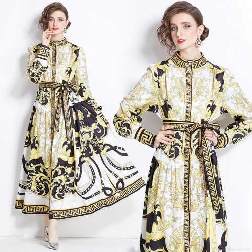 Women's Baroque Print Maxi Dress Stand Collar Long Sleeve Button Down Belted Vintage Court Style Greek Key Pattern Polyester Long Dress For Ladies