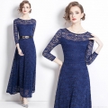 Women's Elegant Royal Blue Lace Long Sleeve Maxi Dress With Belt Floral Embroidery A-Line Round Neck Party Evening Gown For Ladies