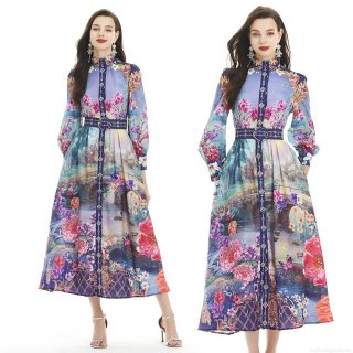 Women's Vintage Oil Painting Print Maxi Dress Elegant Stand Collar Long Sleeve Single Breasted A-Line Party Gown With Waist Belt Polyester Silk-Feel Floral Landscape Dress