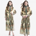 Vintage Bohemian Paisley Print Maxi Dress For Women Long Lantern Sleeve Ruffle High Neck Flowy Chiffon Feel Long Dress With Belt For Vacation Party Dress
