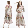 Women's Vintage Court Style Chiffon Floral Maxi Dress Lantern Sleeve High Neck Ruffle Two-Piece Set Elegant Boho Butterfly Print Dress With Belt