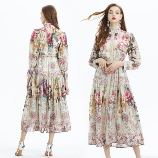 Women's Vintage Court Style Chiffon Floral Maxi Dress Lantern Sleeve High Neck Ruffle Two-Piece Set Elegant Boho Butterfly Print Dress With Belt