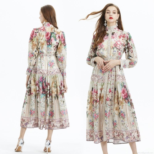 Women's Vintage Court Style Chiffon Floral Maxi Dress Lantern Sleeve High Neck Ruffle Two-Piece Set Elegant Boho Butterfly Print Dress With Belt