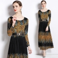 Women Elegant Floral Print Lace Maxi Dress Long Sleeve Round Neck A-Line Party Long Dress With Metal Buckle Belt Polyester Spandex Slim Fit Spring Autumn Mature Style