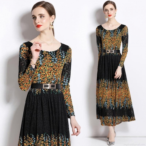 Women Elegant Floral Print Lace Maxi Dress Long Sleeve Round Neck A-Line Party Long Dress With Metal Buckle Belt Polyester Spandex Slim Fit Spring Autumn Mature Style