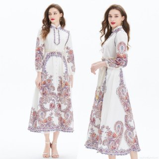 Women's Vintage Court Style Paisley Print Maxi Dress Elegant Lantern Sleeve High Waist Linen Blend Bohemian Long Dress For Women Party Vacation