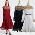 Women Elegant Chiffon Maxi Dress Gold Sequin Bead Embroidery Pleated Accordion Long Sleeve Dress With Belt Evening Banquet Party Large Swing Gown