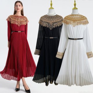 Women Elegant Chiffon Maxi Dress Gold Sequin Bead Embroidery Pleated Accordion Long Sleeve Dress With Belt Evening Banquet Party Large Swing Gown