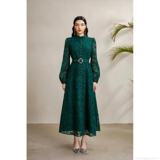 Elegant Vintage Court Style Stand Collar Lantern Sleeve Lace Maxi Dress Women's Embroidery Patchwork A-Line Long Dress With Belt For Party Daily