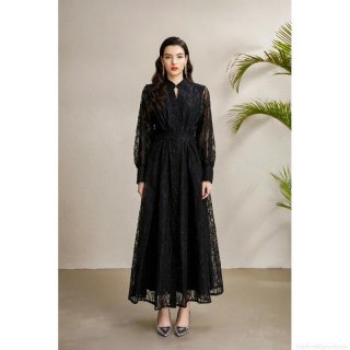 Women Elegant Black Lace Maxi Dress Long Lantern Sleeve Embroidery Palace Style Slim Fit Retro Party Banquet Evening Gown
