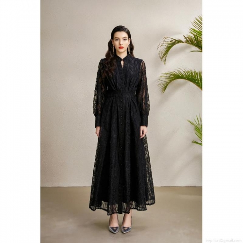 Women Elegant Black Lace Maxi Dress Long Lantern Sleeve Embroidery Palace Style Slim Fit Retro Party Banquet Evening Gown
