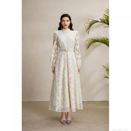 Elegant Lace Maxi Dress Stand Collar Lantern Sleeve With Belt Vintage Palace Style Floral Long Sleeve A-Line Party Dress For Women Autumn Fashion