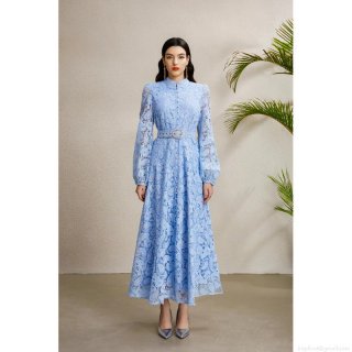 Elegant Palace Stand Collar Lantern Sleeve Lace Maxi Dress With Belt Women Embroidery Hollow Out A-Line Long Dress For Evening Party Wedding Guest