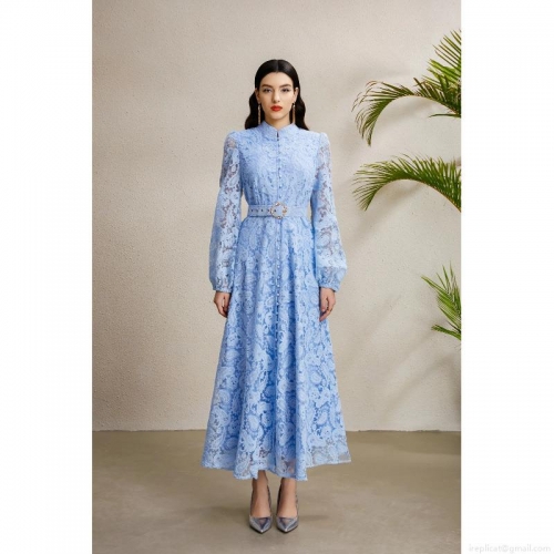 Elegant Palace Stand Collar Lantern Sleeve Lace Maxi Dress With Belt Women Embroidery Hollow Out A-Line Long Dress For Evening Party Wedding Guest