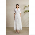 Women's Elegant White Lace Maxi Dress With Belt Short Sleeve Single Breasted Shirt Collar Floral Embroidery Hollow Out Party Evening Gown Ladies Fashion
