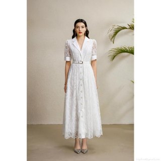 Women's Elegant White Lace Maxi Dress With Belt Short Sleeve Single Breasted Shirt Collar Floral Embroidery Hollow Out Party Evening Gown Ladies Fashion