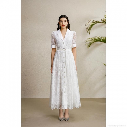 Women's Elegant White Lace Maxi Dress With Belt Short Sleeve Single Breasted Shirt Collar Floral Embroidery Hollow Out Party Evening Gown Ladies Fashion