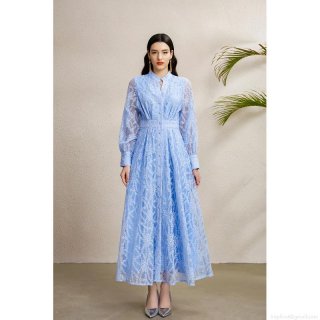 Women's Elegant Sky Blue Lace Embroidery Maxi Dress Long Sleeve V-Neck Palace Style Lantern Sleeve Pleated A-Line Party Dress For Formal Social Wedding Spring Autumn