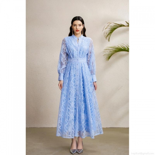 Women's Elegant Sky Blue Lace Embroidery Maxi Dress Long Sleeve V-Neck Palace Style Lantern Sleeve Pleated A-Line Party Dress For Formal Social Wedding Spring Autumn