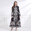 Women's Vintage Paisley Print Maxi Dress Elegant Stand Collar Long Sleeve Belted A-Line Swing Dress For Party Evening Bohemian Style Polyester Gown With Lace Cuffs
