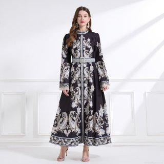 Women's Vintage Paisley Print Maxi Dress Elegant Stand Collar Long Sleeve Belted A-Line Swing Dress For Party Evening Bohemian Style Polyester Gown With Lace Cuffs