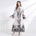 Women's Retro Palace Style Paisley Print Maxi Dress Elegant Stand Collar Long Sleeve Lace Trim A-Line Dress With Belt For Vacation Party
