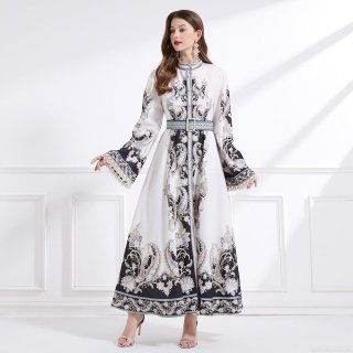 Women's Retro Palace Style Paisley Print Maxi Dress Elegant Stand Collar Long Sleeve Lace Trim A-Line Dress With Belt For Vacation Party