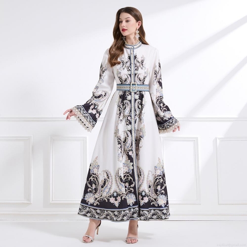 Women's Retro Palace Style Paisley Print Maxi Dress Elegant Stand Collar Long Sleeve Lace Trim A-Line Dress With Belt For Vacation Party