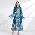 Vintage Royal Style Peacock Blue Maxi Dress With Paisley Print And Belt Elegant Long Sleeve Lace Trim A-Line Long Dress For Women Banquet Party Occasion