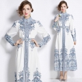 Elegant Court Style Paisley Print Maxi Dress Polyester Chiffon Blend Stand Collar Single Breasted Puff Sleeve Long Sleeve With Belt Retro Bohemian Dress For Women Office Party Daily Fashion High Quality Long Gown