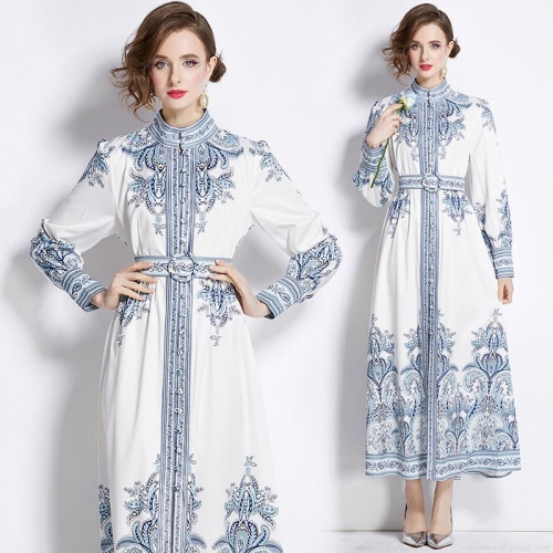 Elegant Court Style Paisley Print Maxi Dress Polyester Chiffon Blend Stand Collar Single Breasted Puff Sleeve Long Sleeve With Belt Retro Bohemian Dress For Women Office Party Daily Fashion High Quality Long Gown