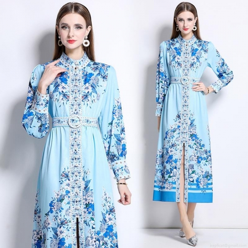 Elegant Women's Long Sleeve Floral Printed Maxi Dress Stand Collar Pearl Button Belted A-Line Chiffon Texture Party Evening Wedding Guest Flowy Swing Dress