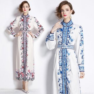 Women's Elegant Retro Floral Print Maxi Dress Long Sleeve Stand Collar Single Breasted With Belt Polyester Swing Party Dress