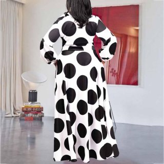 Plus Size Polka Dot Maxi Dress Women Elegant Long Sleeve Tie Neck African Style A-Line Dress Retro Boho Swing Long Dresses