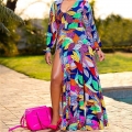 Women Sexy Deep V-Neck Long Sleeve Tropical Leaf Print Maxi Dress With High Slit Elegant Boho Summer Vacation Party A-Line Long Dress For Women