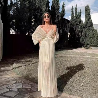Elegant Women V Neck Pleated Maxi Dress Long Shawl Sleeve Sequin Polyester Striped Boho Beach Vacation Evening Party Long Dresses