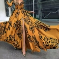 Women Sexy Leopard Print Deep V-Neck High Slit Long Sleeve Maxi Dress Elegant Party Evening Polyester Long Wrap Dress